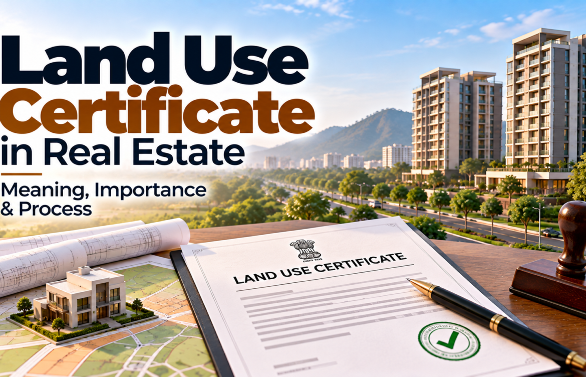 Land use certificate in real estate showing property documents, land approval and residential development